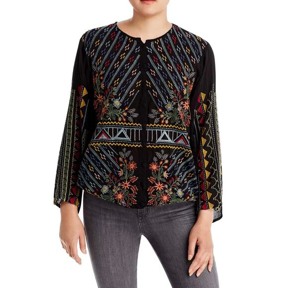 Johnny Was Women’s M Black Ezra Embroidered Floral Button-Up Cinch Waist Blouse - Picture 1 of 9